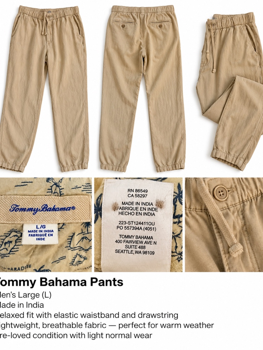 Tommy Bahama men’s ' Khaki Drawstring relaxed pant